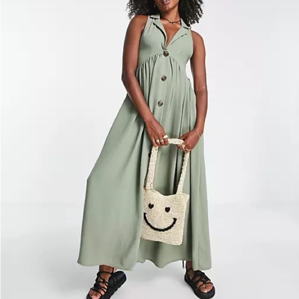 ASOS DESIGN collared button through midi smock dress in khaki